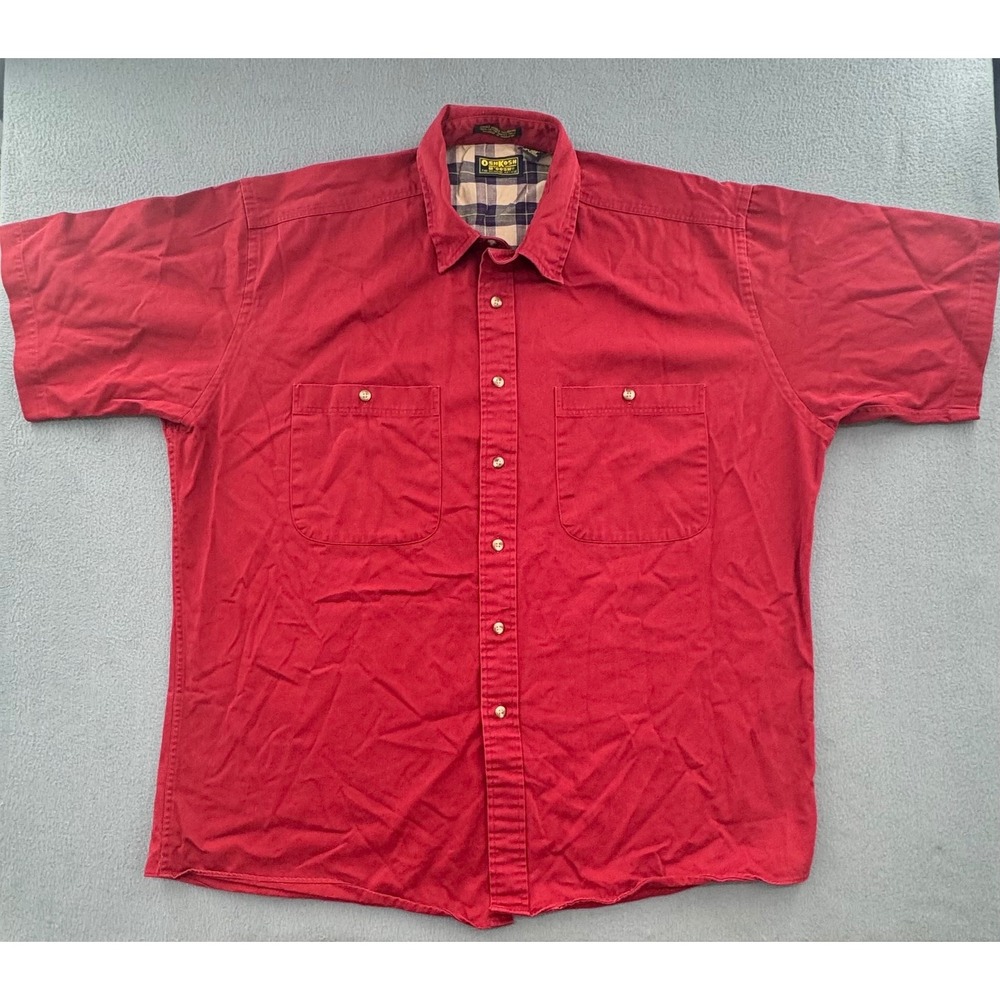 VTG OshKosh B'gosh Button Down Shirt XL Red Sanded Twill S Sleeve Retro Rugged
